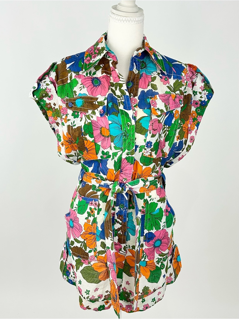 Zimmermann Riders Cuffed Green Floral Linen Utility Playsuit Romper Size 0